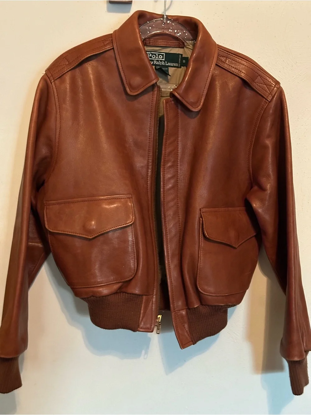 Vintage POLO Ralph Lauren Kids Brown Genuine Leather Bomber Jacket Coat